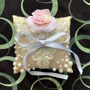 Bridal Wedding Ring Pillow with beads & pink flower. Sand color. Ameynra design